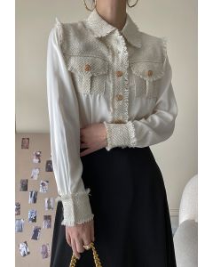 Camisa con botones empalmados de tweed en blanco