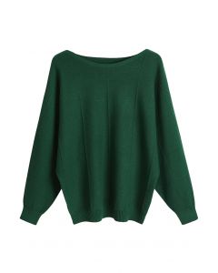 Cozy Boat Neck Batwing Sleeve Sweater en verde oscuro