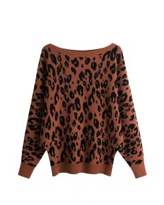 Suéter con manga de murciélago de jacquard de leopardo en caramelo