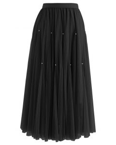 Falda de tul de color liso adornada con cristales en negro