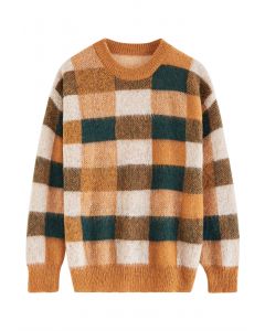 Suéter de punto difuso con patrón de cuadros coloridos