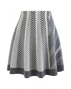 High Waist Stripe Flare Knit Skirt in Grey