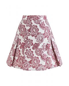 Peony Embossed Jacquard Flare Mini Skirt in Berry