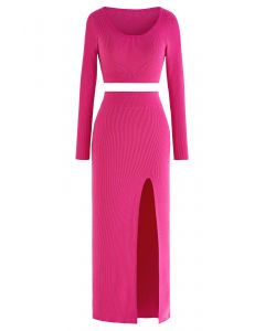 Conjunto de top corto de punto y falda larga con abertura alta en rosa intenso