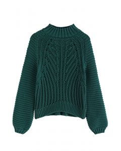 Suéter corto de punto grueso con cuello alto acanalado exagerado en verde oscuro