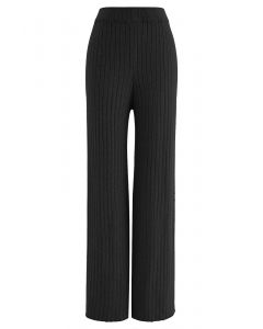 Pantalones de punto de canalé con pernera recta en negro