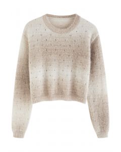 Ombre Eyelet Fuzzy Crop Sweater in Light Tan