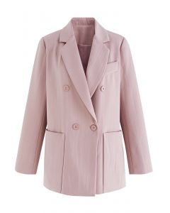 Solid Color Textured Double-Breasted Blazer in Pink
