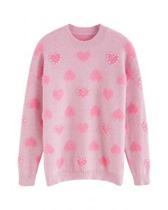 Pearl Trim Fluffy Heart Knit Sweater in Pink