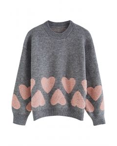 Tender Fuzzy Heart Jacquard Knit Sweater in Grey
