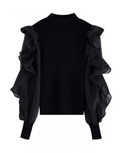 Tiered Ruffle Sleeves Spliced Knit Top in Black