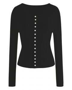 Decorative Pearls Ribbed Knit Top in Black