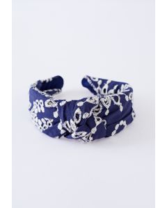 Twisted Floral Embroidered Headband in Indigo