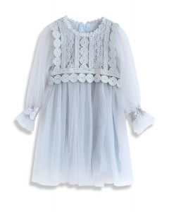 Vestido de tul de malla de encaje delicado y elegante en azul polvoriento para niños