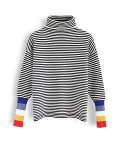 Suéter de punto con cuello alto y puños de color bloqueado a rayas