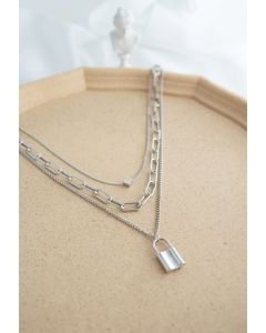 Lock Chain Pendant Layered Necklace in Silver