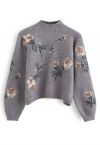 Suéter de punto bordado con estampado floral digital en gris