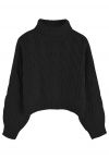 Suéter corto de punto trenzado con cuello alto en negro