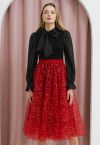 Falda midi de tul de malla de doble capa con bordado de lentejuelas en rojo