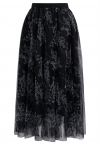Falda midi de tul de malla floral brillante en negro