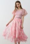 Falda midi de tul de malla floral brillante en rosa