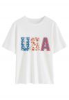 Camiseta con cuello redondo y estampado de letras de EE. UU.