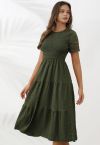 Vestido midi con corpiño fruncido y mangas caladas en verde militar