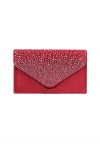 Bolso tipo sobre de satén adornado con diamantes de imitación en color rojo