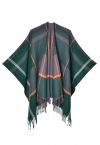 Poncho con dobladillo con flecos y cuadrícula geométrica en verde oscuro