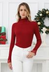 Lace Trim Mock Neck Ribbed Knit Top in Red