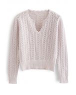 Suéter de punto suave al tacto con cuello en V ahuecado en rosa claro