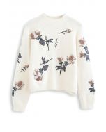 Suéter de punto bordado con estampado floral digital en color crema