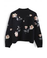 Suéter de punto bordado con estampado floral digital en negro