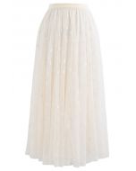 Falda midi de malla de doble capa en color crema de 3D Clover