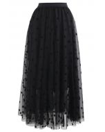 Falda midi de malla de doble capa en negro de 3D Clover