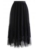 Falda de malla de tul de doble capa con encaje de borlas en negro