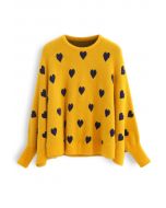 Batwing Sleeves Heart Fluffy Knit Sweater in Mustard