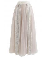 Falda larga de tul con paneles de lentejuelas brillantes en color crema