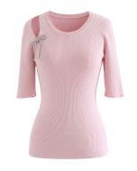 Shoulder Cutout Bowknot Rib Knit Top in Pink