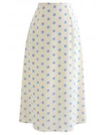 Falda midi acampanada de talle alto con estampado de margaritas en color crema