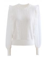 Spliced Mesh Sleeve Knit Top in White