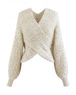Suéter corto de punto acanalado entrecruzado en marfil brillante