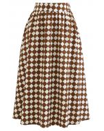 Falda midi marrón con estampado de rombos en contraste