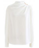 Buttoned Ruched Neck Satin Top in White