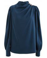 Buttoned Ruched Neck Satin Top in Indigo