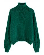 Suéter tejido a mano con cuello alto y manga pointelle en verde