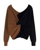 Suéter de dos tonos con cuello en V y parte delantera torcida en marrón