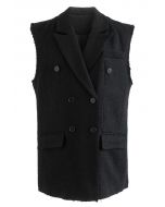 Chaleco de tweed con bolsillo con solapa y doble botonadura en negro