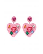 Aretes de cristal multicolor en forma de corazón en rosa