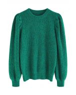 Suéter acanalado de mezcla de punto con mangas abullonadas en verde